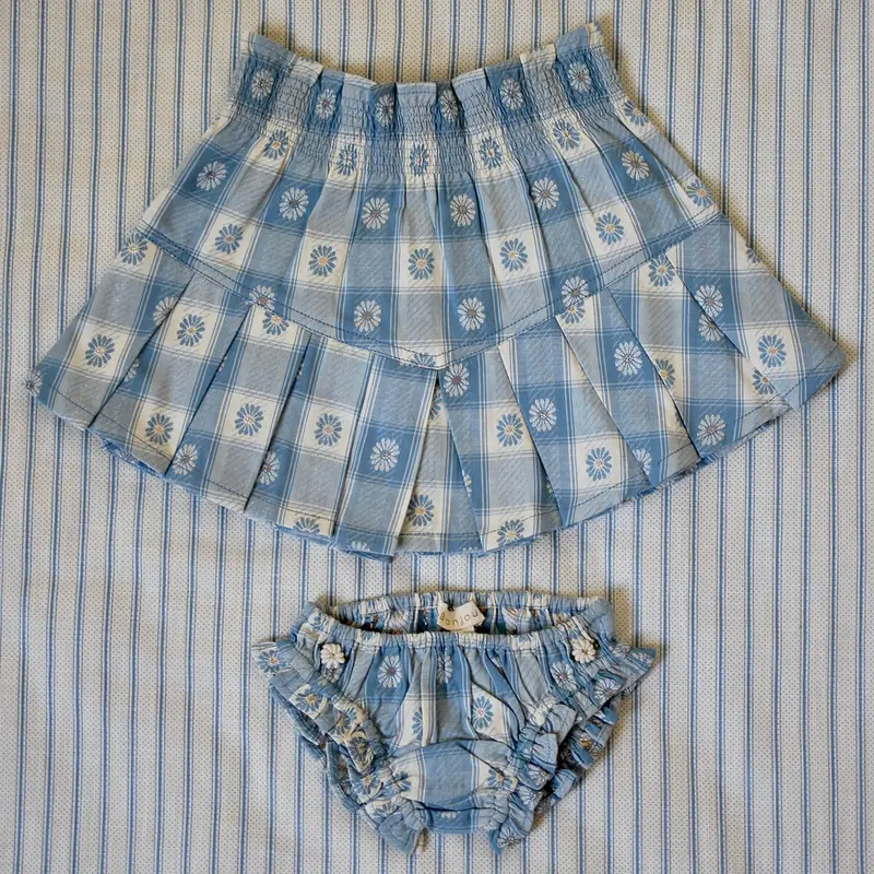 Pleated Skirt and Panty Set in Blue Jacquard Flower Check by Bonjour - Last Ones In Stock - 6-12 Years