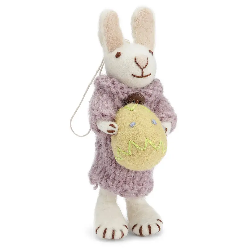 White Bunny With Purple Dress And Yellow Egg Hanging Decoration by Gry & Sif