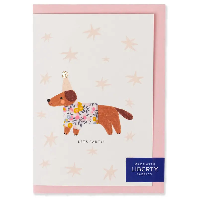 Liberty Sausage Dog Birthday Greetings Card in Wiltshire Bud Liberty Print by The Charming Press