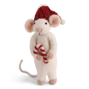 White Mouse With Candy Cane Hanging Christmas Decoration by Gry & Sif