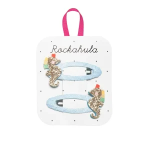 Glitter Rainbow Seahorse Hair Clips in Blue by Rockahula