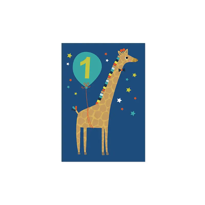 Age 1 Giraffe Greetings Card (Blue Background) by Mifkins