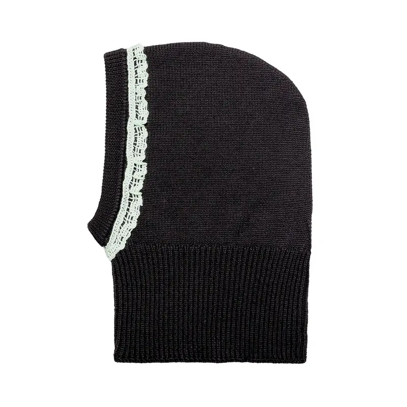 Eve Merino Wool Hood With Lace Trim in Noir De Charbon by Collegien