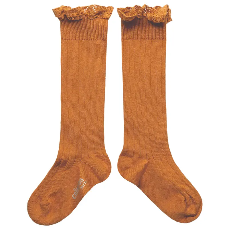 Josephine Lace Trim Ribbed Knee High Socks in Terracotta by Collegien