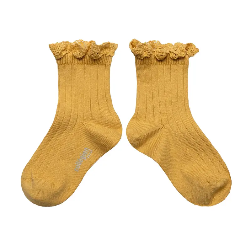 Lili Lace Trim Ribbed Ankle Socks in Camomille by Collegien