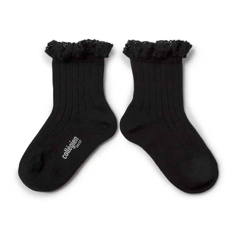 Lili Lace Trim Ribbed Ankle Socks in Noir De Charbon by Collegien
