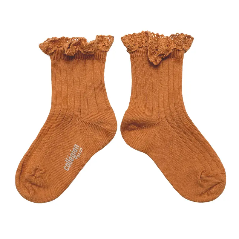 Lili Lace Trim Ribbed Ankle Socks in Terracotta by Collegien