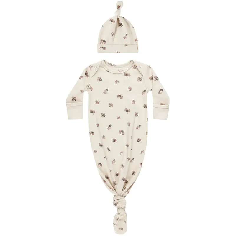 Knotted Baby Gown and Hat Set in Wildflowers by Quincy Mae - Last One In Stock - One Size