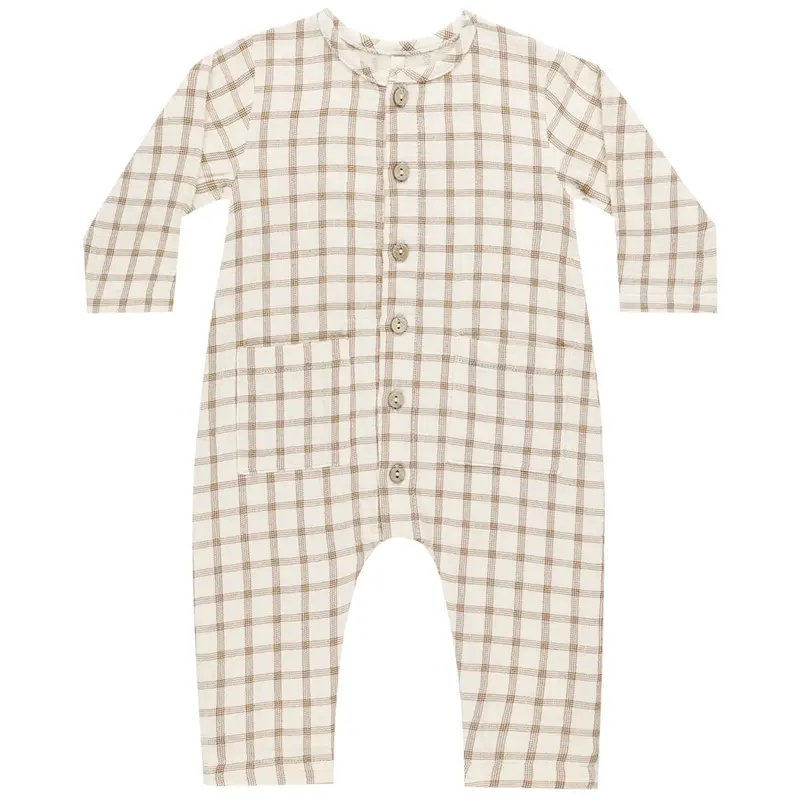 Pocketed Woven Jumpsuit in Cinnamon Plaid by Quincy Mae