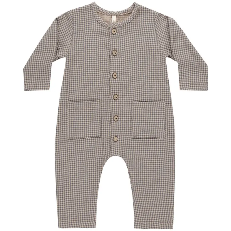 Pocketed Woven Jumpsuit in Indigo Gingham by Quincy Mae