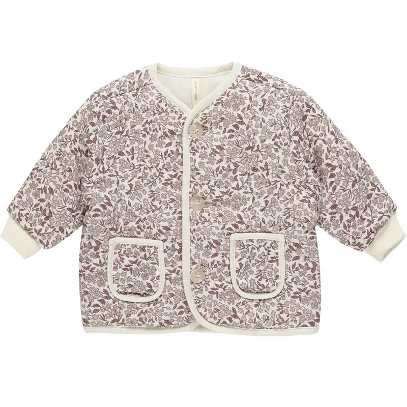 Quilted V-Neck Button Jacket in Mauve Ditsy by Quincy Mae