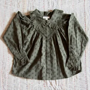 Iris Blouse in Khaki Green Broderie Anglaise by Bonjour