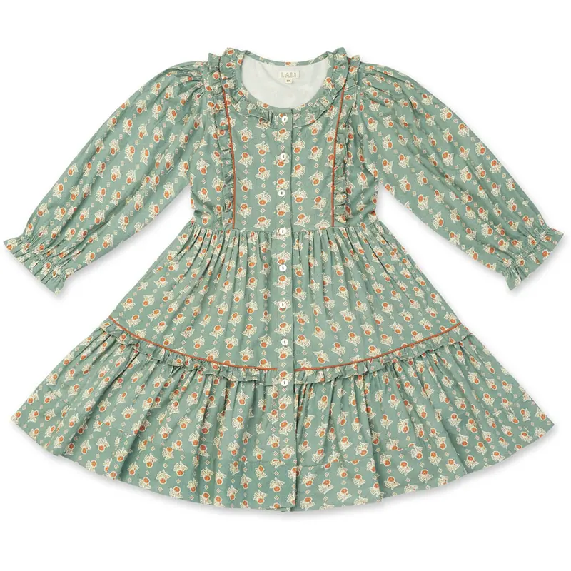 Ruffle Ivy Dress in Fall Block Print by Lali - Last Ones In Stock - 4-6 Years