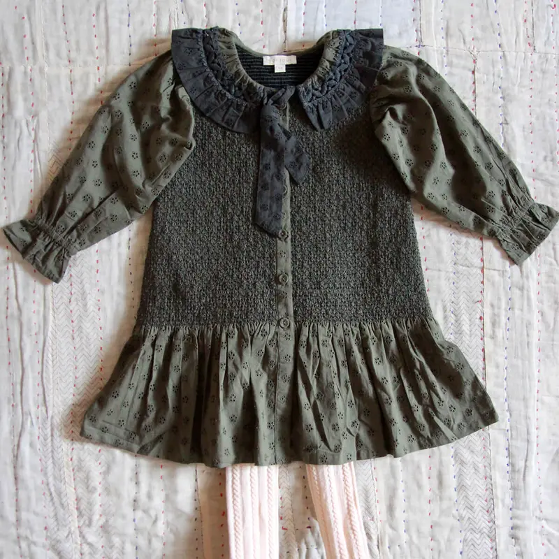 Tie Tunique in Khaki Green Broderie Anglaise by Bonjour - Last Ones In Stock - 6-8 Years