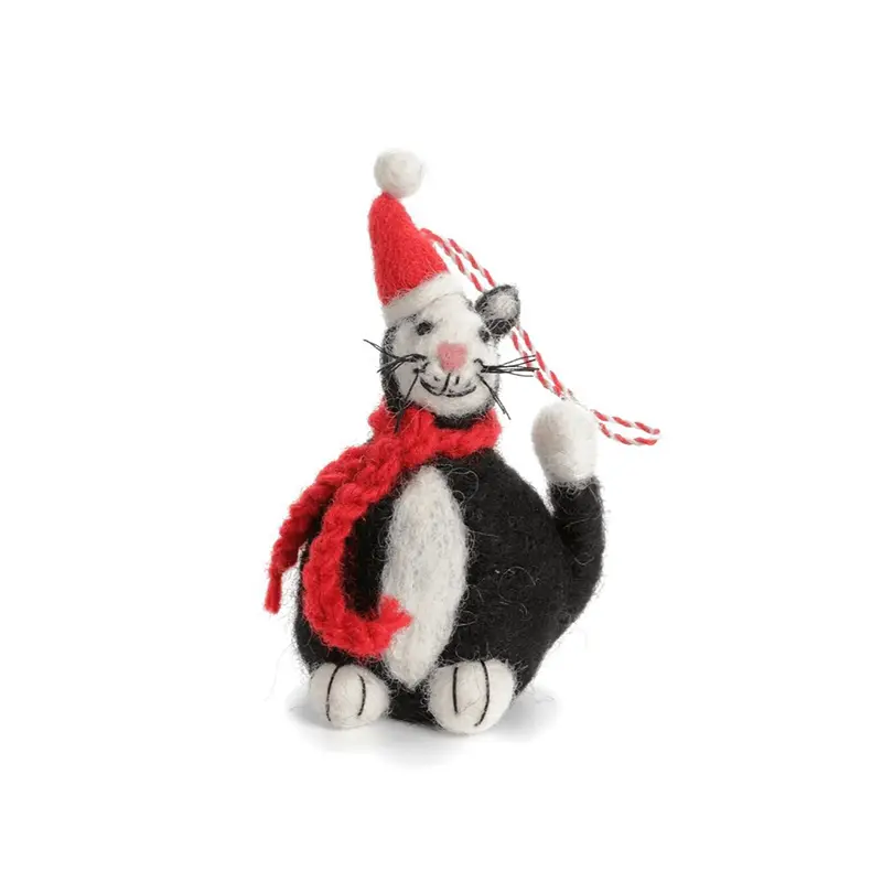 Sitting Black Cat With Santa Hat Hanging Christmas Decoration by Amica