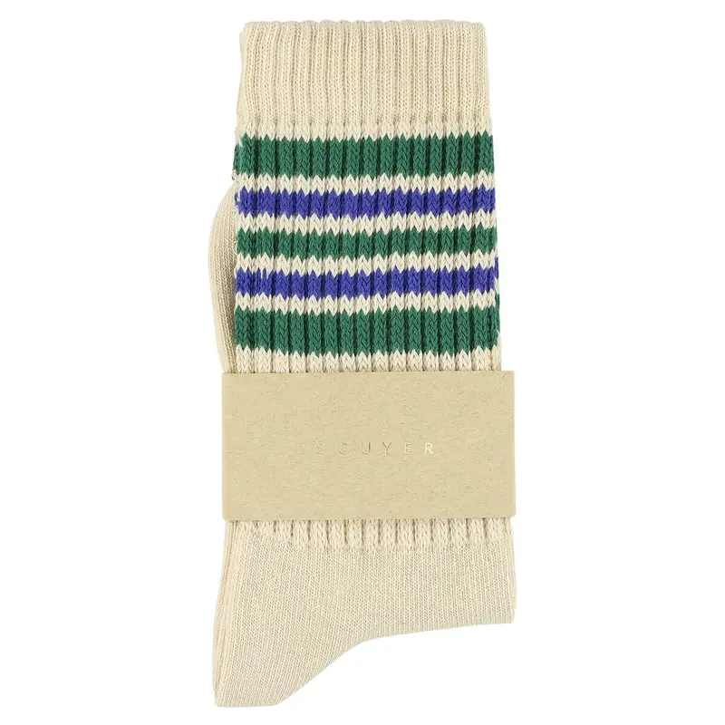 5 Stripes Socks in Ecru / Green / Strong Blue by Escuyer