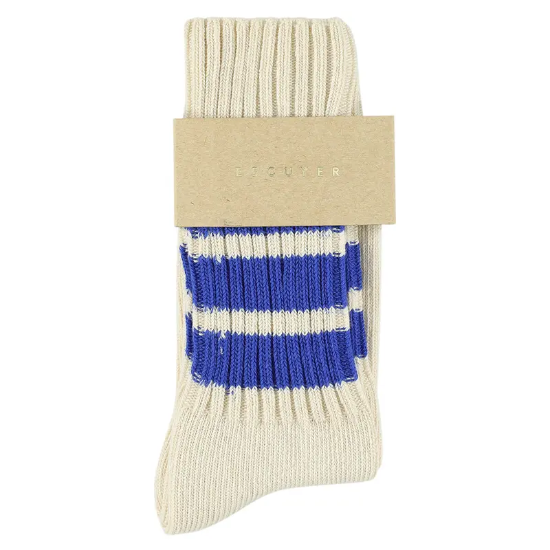Crew Stripes Socks in Ecru / Bright Blue by Escuyer