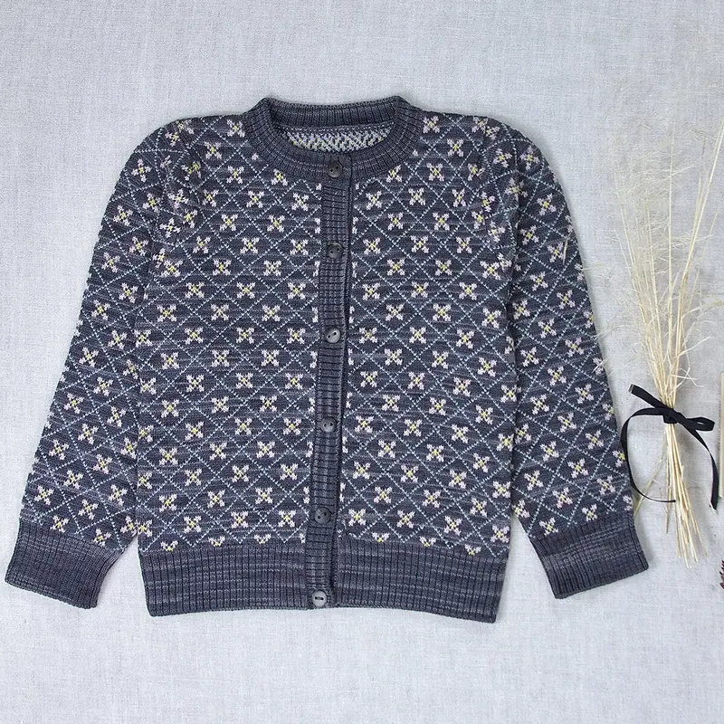 Floral Jacquard Cardigan in Obsidian by Iver & Isla - Last Ones In Stock - 4-8 Years