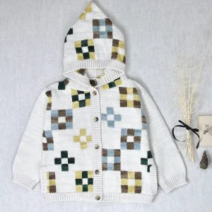 Quilt Block Hooded Cardigan in Cocoa by Iver & Isla - Last Ones In Stock - 6 Years