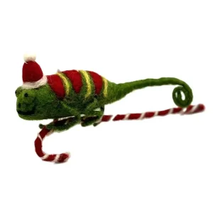 Chameleon On A Candy Cane Hanging Christmas Decoration by Amica