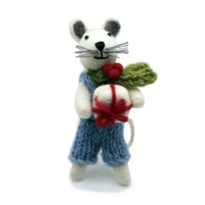 Little Boy Mouse With Christmas Present Hanging Decoration by Amica