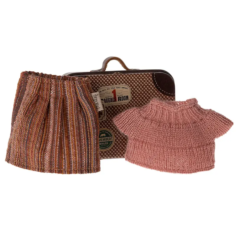 Knitted Blouse & Skirt in Suitcase For Grandma Mouse by Maileg