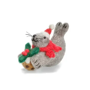 Grey Seal With Christmas Pudding Hanging Decoration by Amica