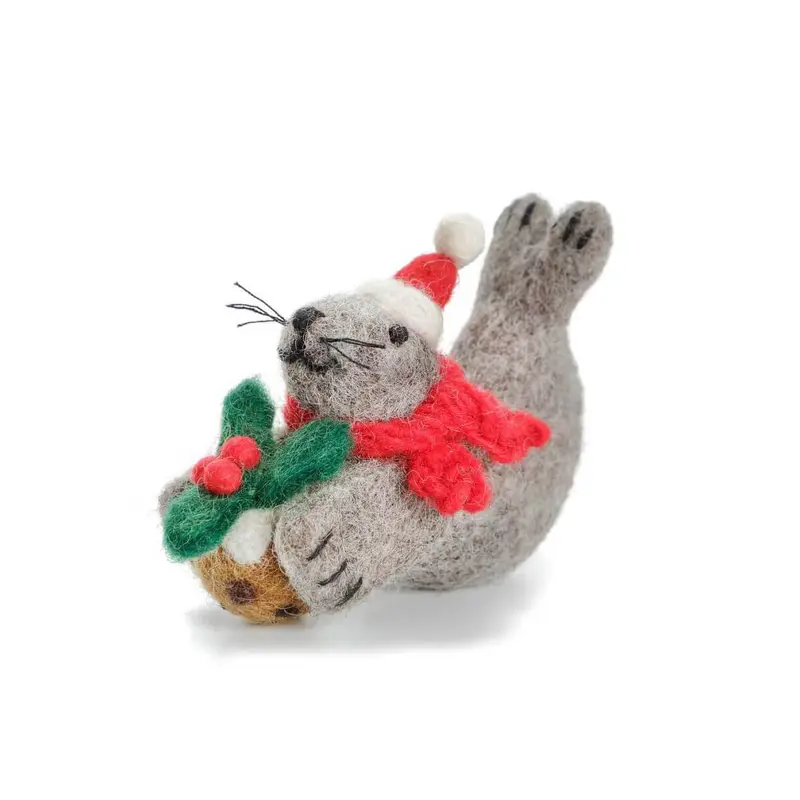 Grey Seal With Christmas Pudding Hanging Decoration by Amica