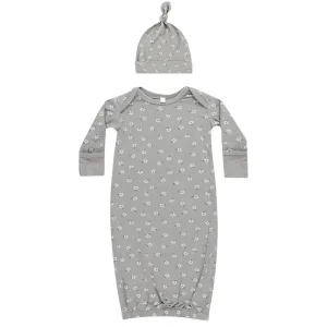 Bamboo Baby Gown and Hat Set in Blue Ditsy by Quincy Mae - Last One In Stock - One Size