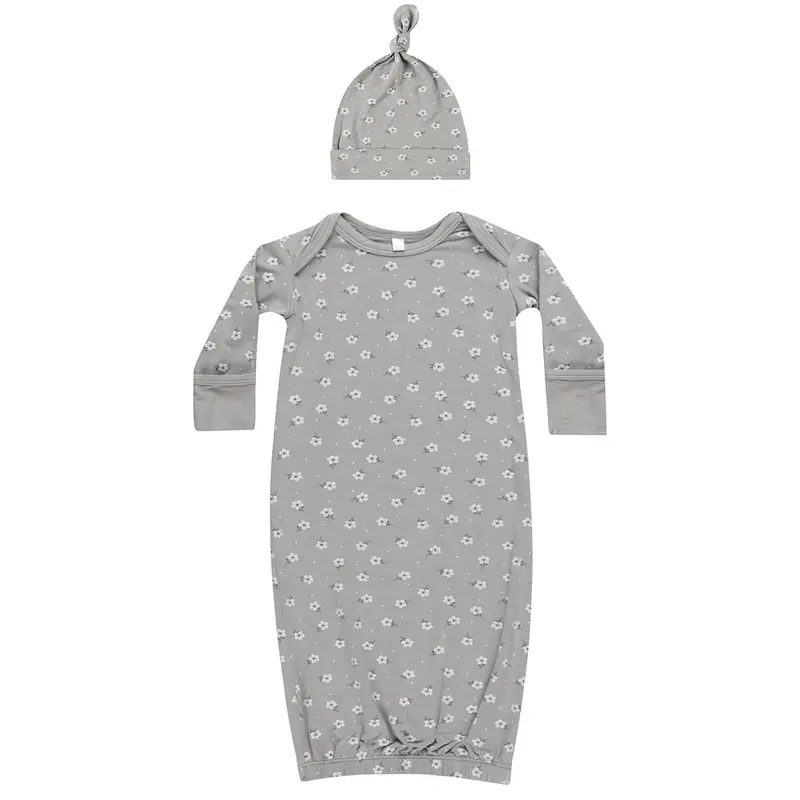 Bamboo Baby Gown and Hat Set in Blue Ditsy by Quincy Mae - Last One In Stock - One Size