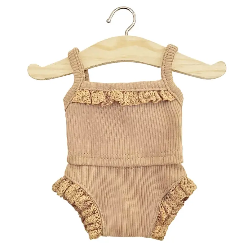 Lace Trim Ribbed Girl's Underwear Set (34cm Doll) in Brown Sugar by Minikane
