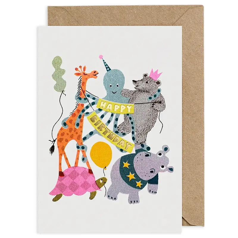 Happy Birthday Party Pets Greetings Card by Petra Boase