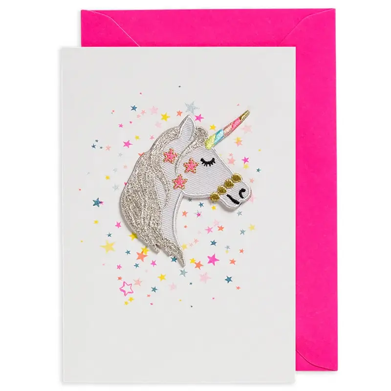 Unicorn Head Iron On Patch Greetings Card by Petra Boase