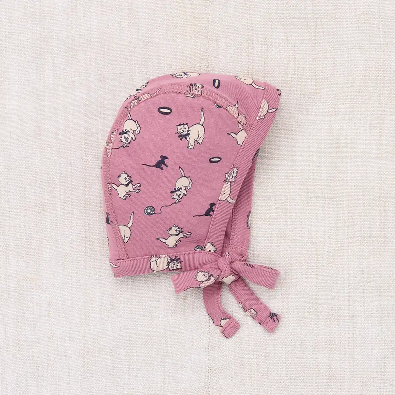 Baby Pima Bonnet in Antique Rose Cat & Mouse by Misha & Puff