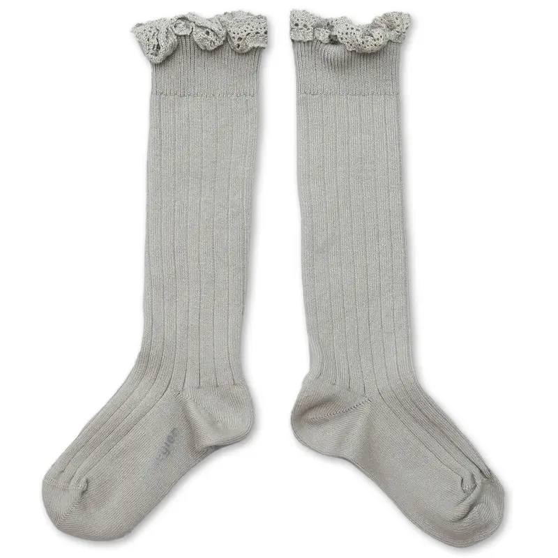 Josephine Lace Trim Ribbed Knee High Socks in Gris Perle by Collegien