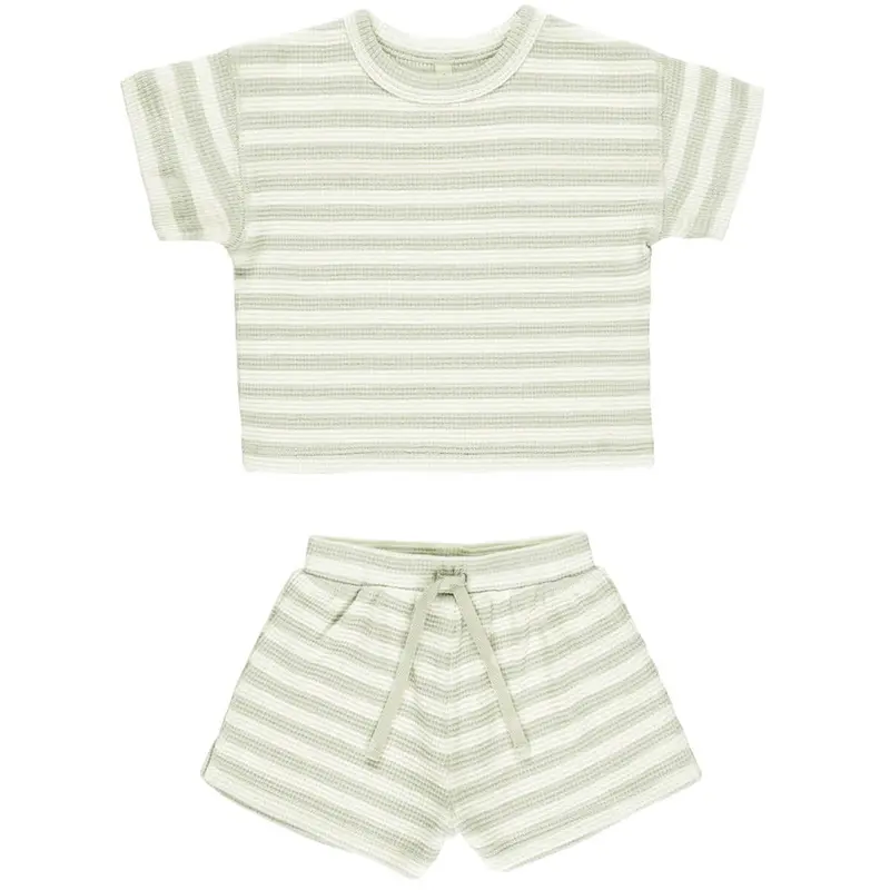 Waffle Tee And Short Set in Mint Stripe by Quincy Mae