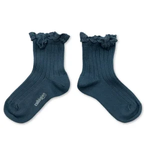 Lili Lace Trim Ribbed Ankle Socks in Bleu Cendre by Collegien