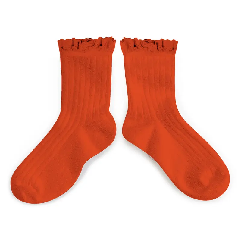 Lili Lace Trim Ribbed Ankle Socks in Orange Confite by Collegien