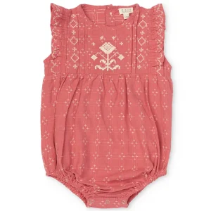 Little Floral Romper in Coral Cross Stitch by Lali - Last One In Stock - 18 Months