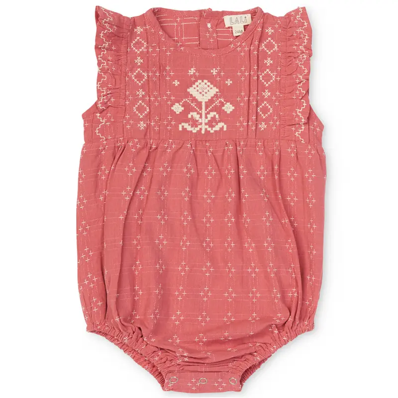 Little Floral Romper in Coral Cross Stitch by Lali - Last One In Stock - 18 Months