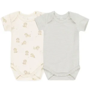Short Sleeve Bodysuit (2 Pack) in Puppies / Sky Micro Stripe by Quincy Mae