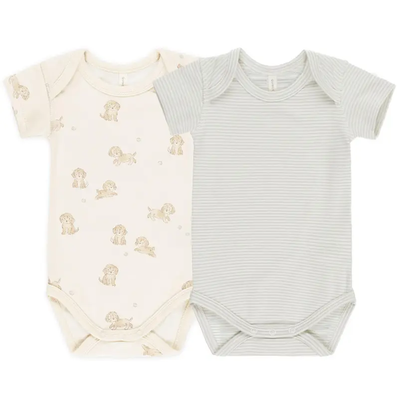 Short Sleeve Bodysuit (2 Pack) in Puppies / Sky Micro Stripe by Quincy Mae
