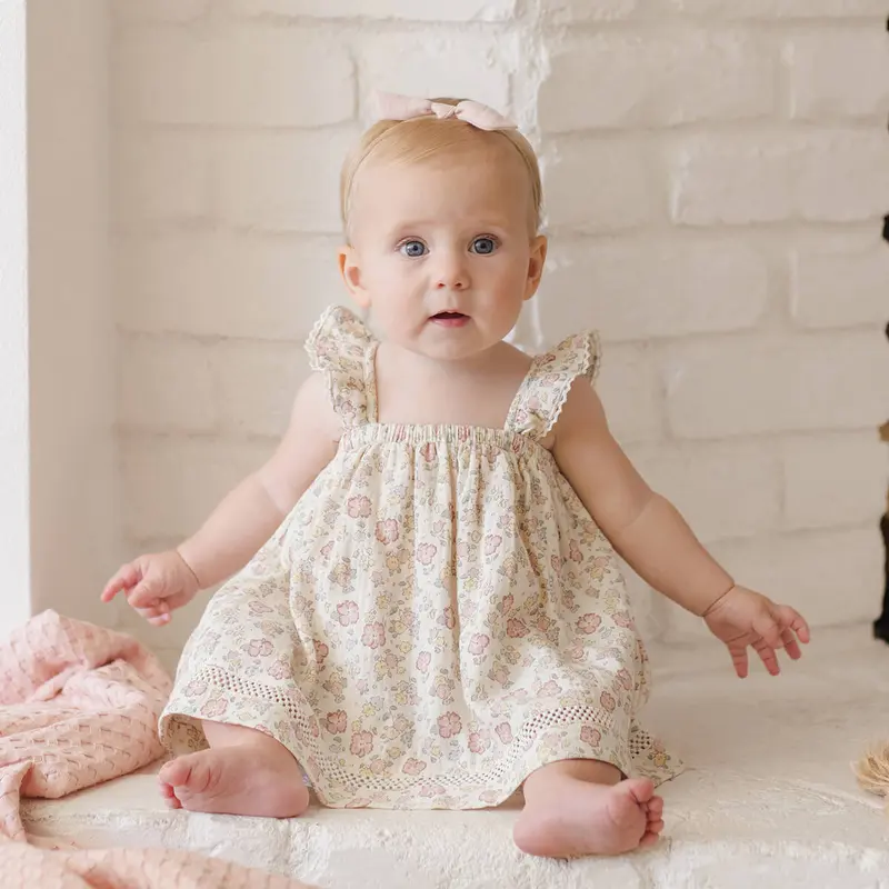 Smocked Jersey Dress in Pink Blossom by Quincy Mae