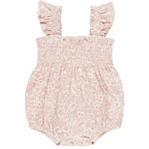 Smocked Ruffle Sleeve Romper in Pink Blossom by Quincy Mae