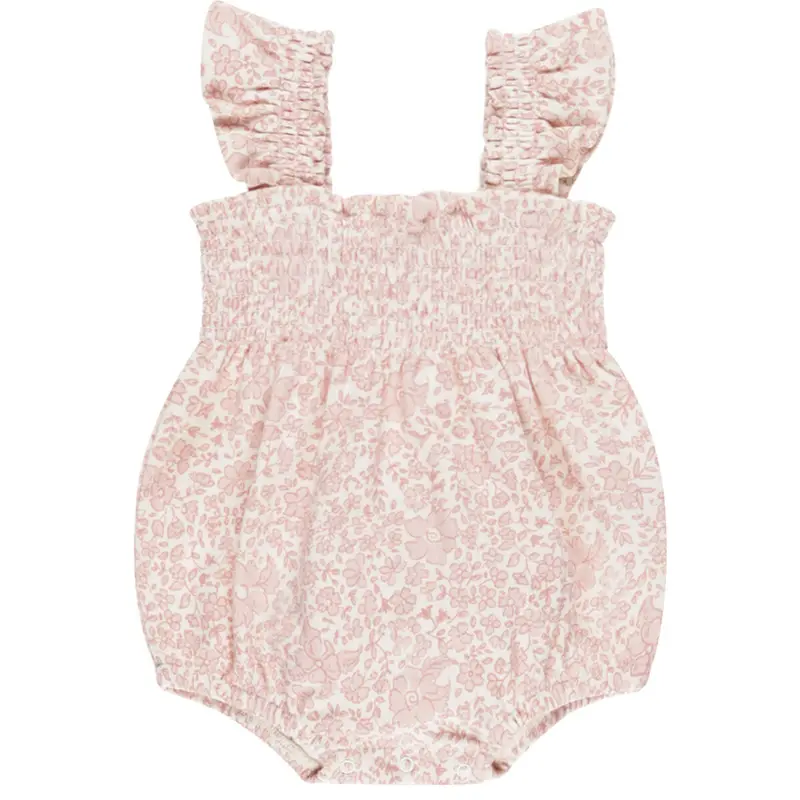 Smocked Ruffle Sleeve Romper in Pink Blossom by Quincy Mae