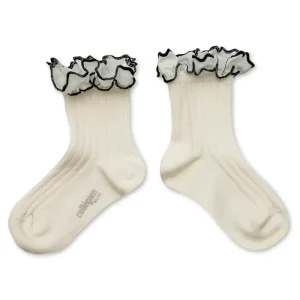Suzanne Rick-Rack Ruffle Trim Ribbed Ankle Socks in Blanc Neige by Collegien