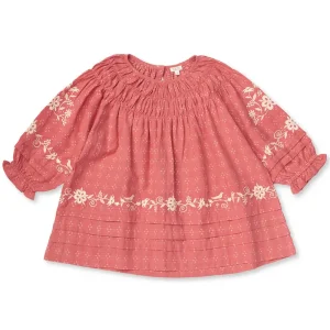 Tulip Pintuck Dress in Coral Cross Stitch by Lali