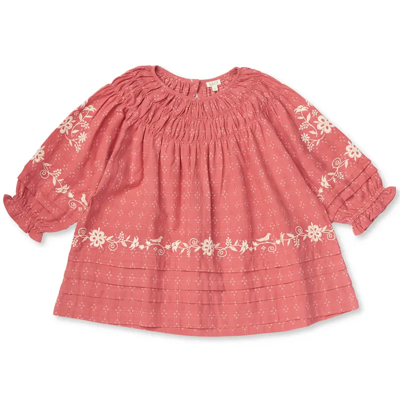 Tulip Pintuck Dress in Coral Cross Stitch by Lali