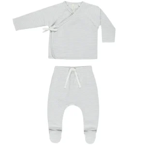 Wrap Top and Footed Pant Set in Sky Micro Stripe by Quincy Mae