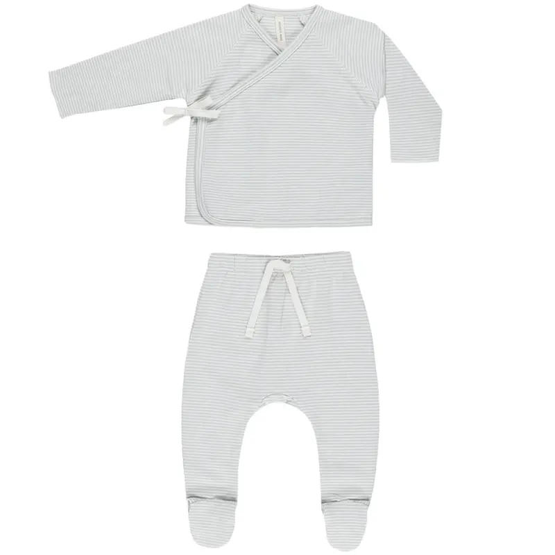 Wrap Top and Footed Pant Set in Sky Micro Stripe by Quincy Mae